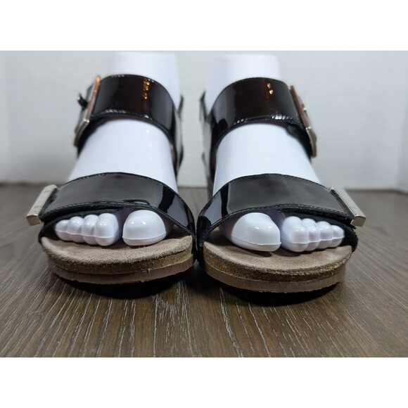 MEPHISTO Patent Leather Strap Sandals US 6.5-7 EU 37 Black Wedges Buckle Logo - Picture 6 of 14